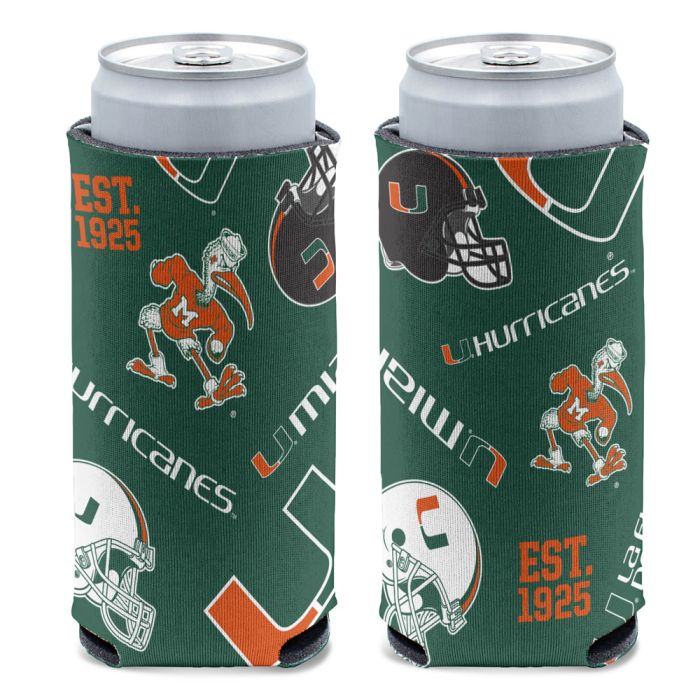 Miami Hurricanes 2-Sided Scattered Logos Slim Can Cooler - Green