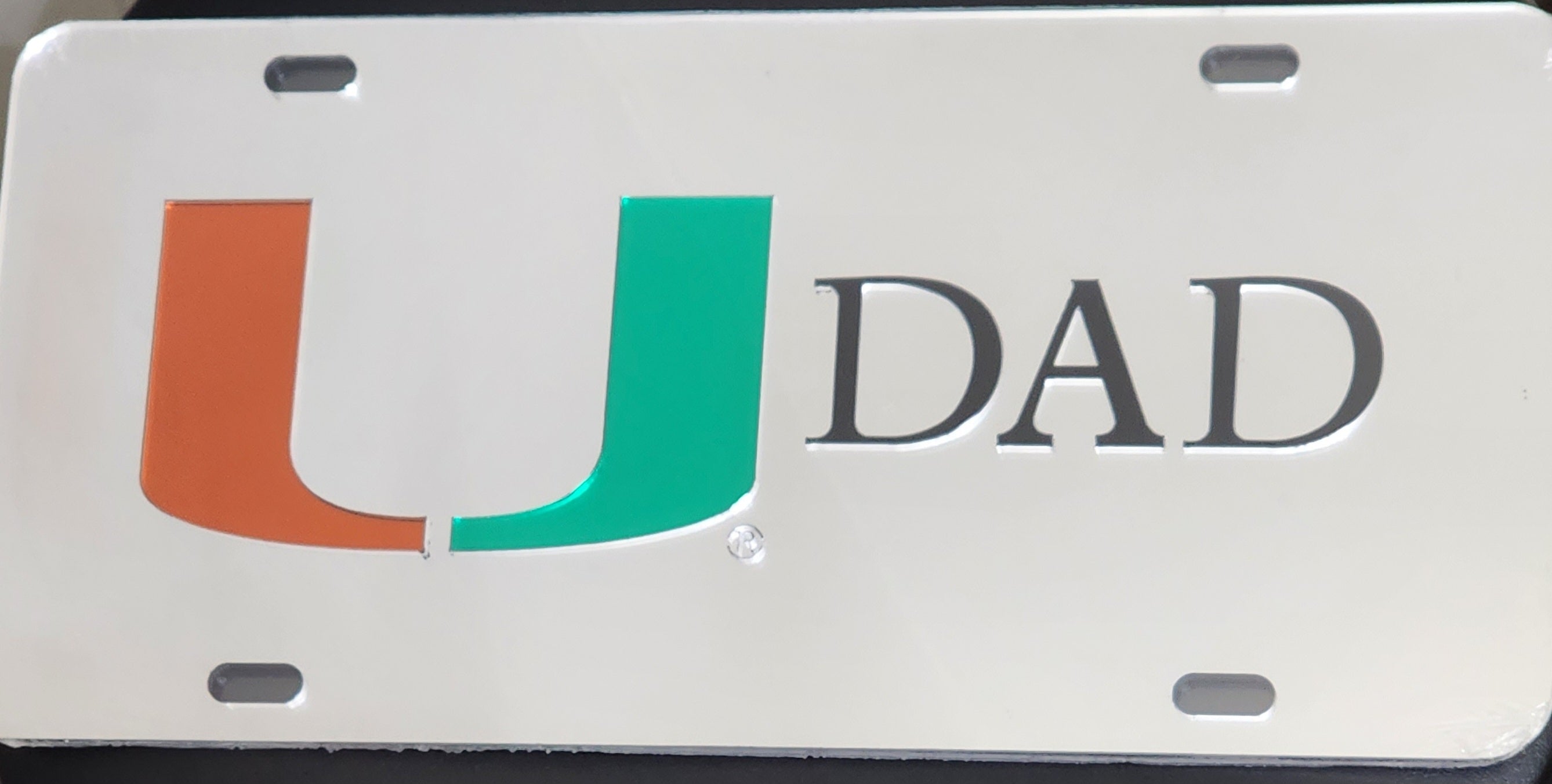 Miami Hurricanes U Dad Laser Cut Front License Plate Tag - Silver