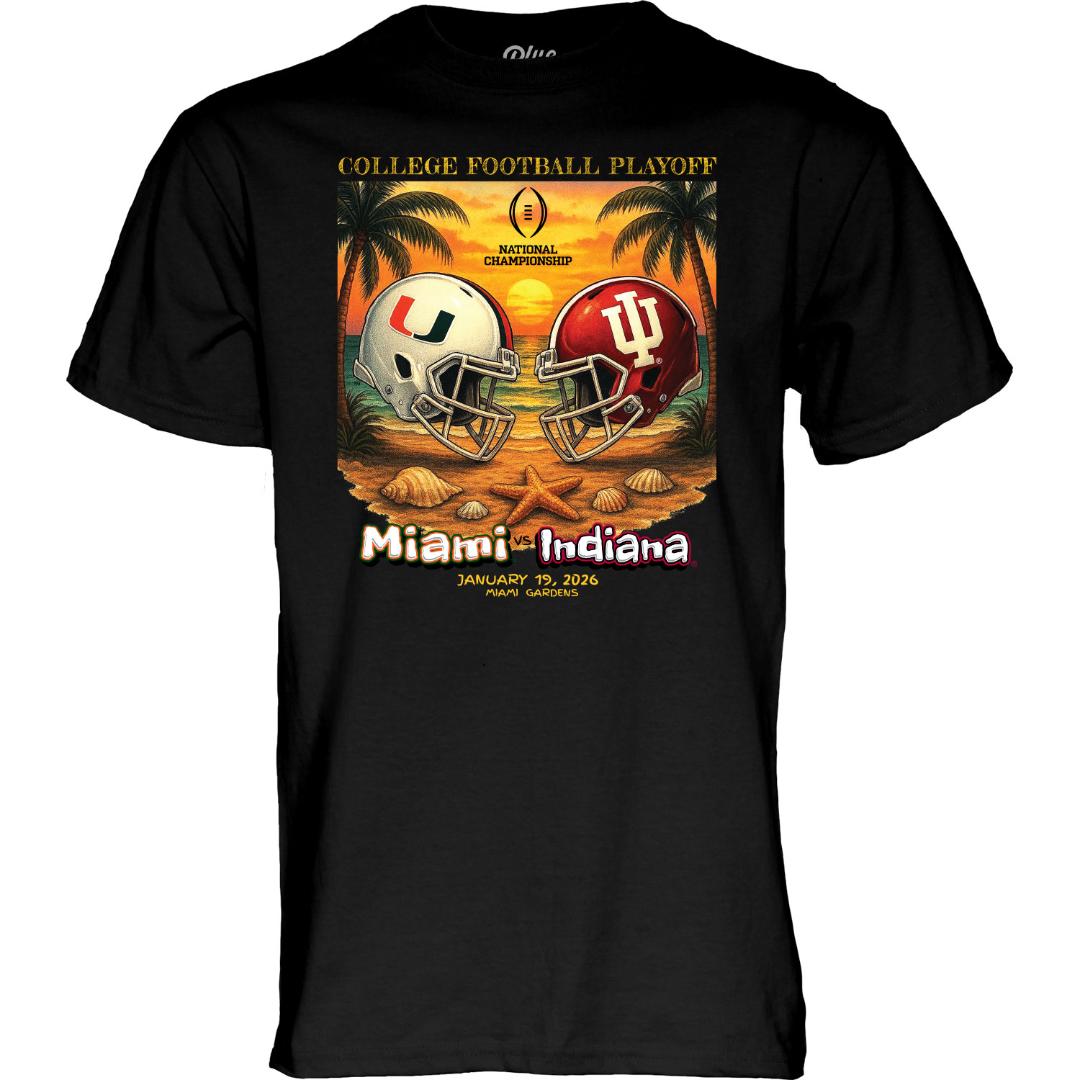 Miami Hurricanes vs Indiana Hoosiers 2026 Beach Scene National Championship Game Match Up T-Shirt - Black