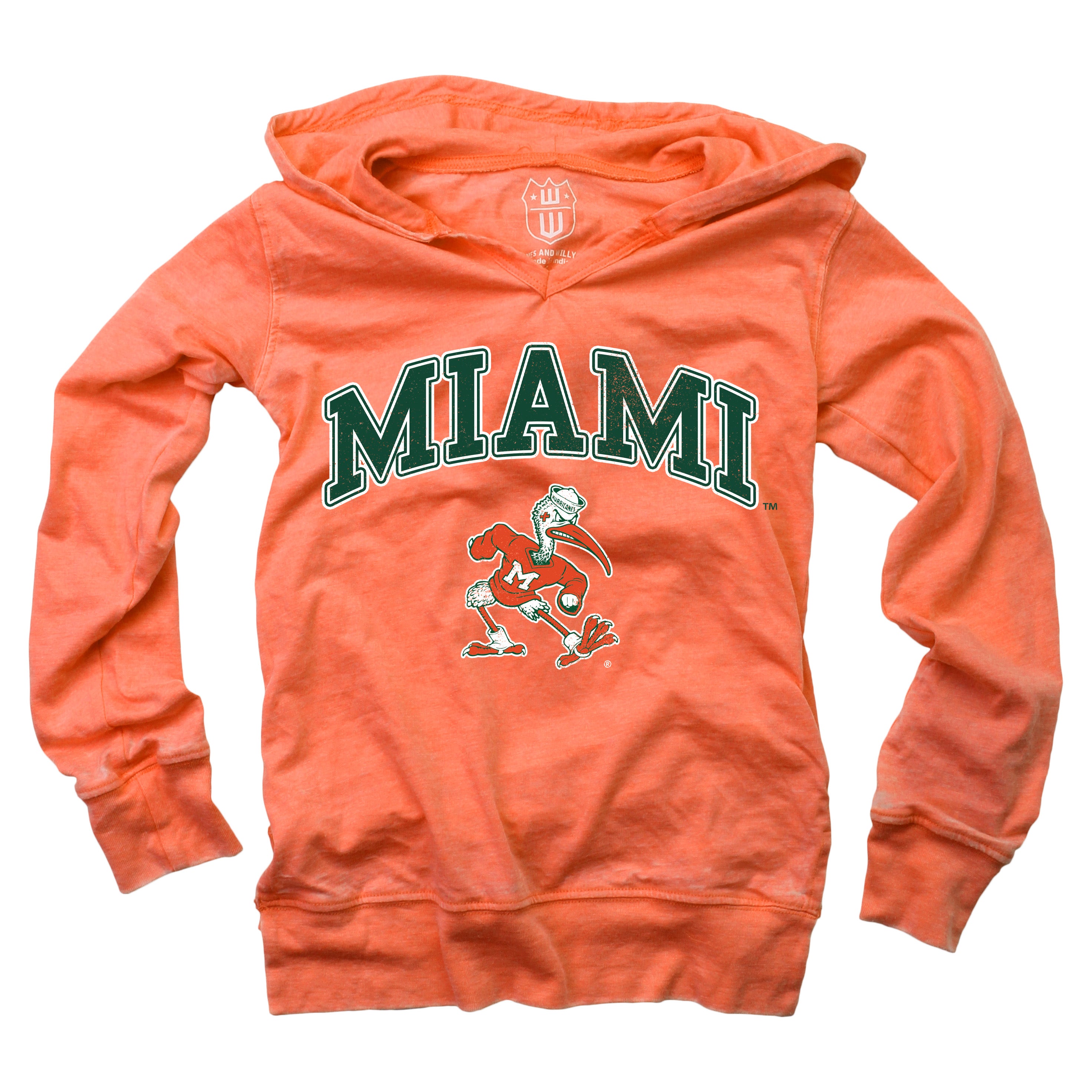 Miami Hurricanes Wes and Willy Youth Girls V-Neck Hooded Shirt - Orange Crush
