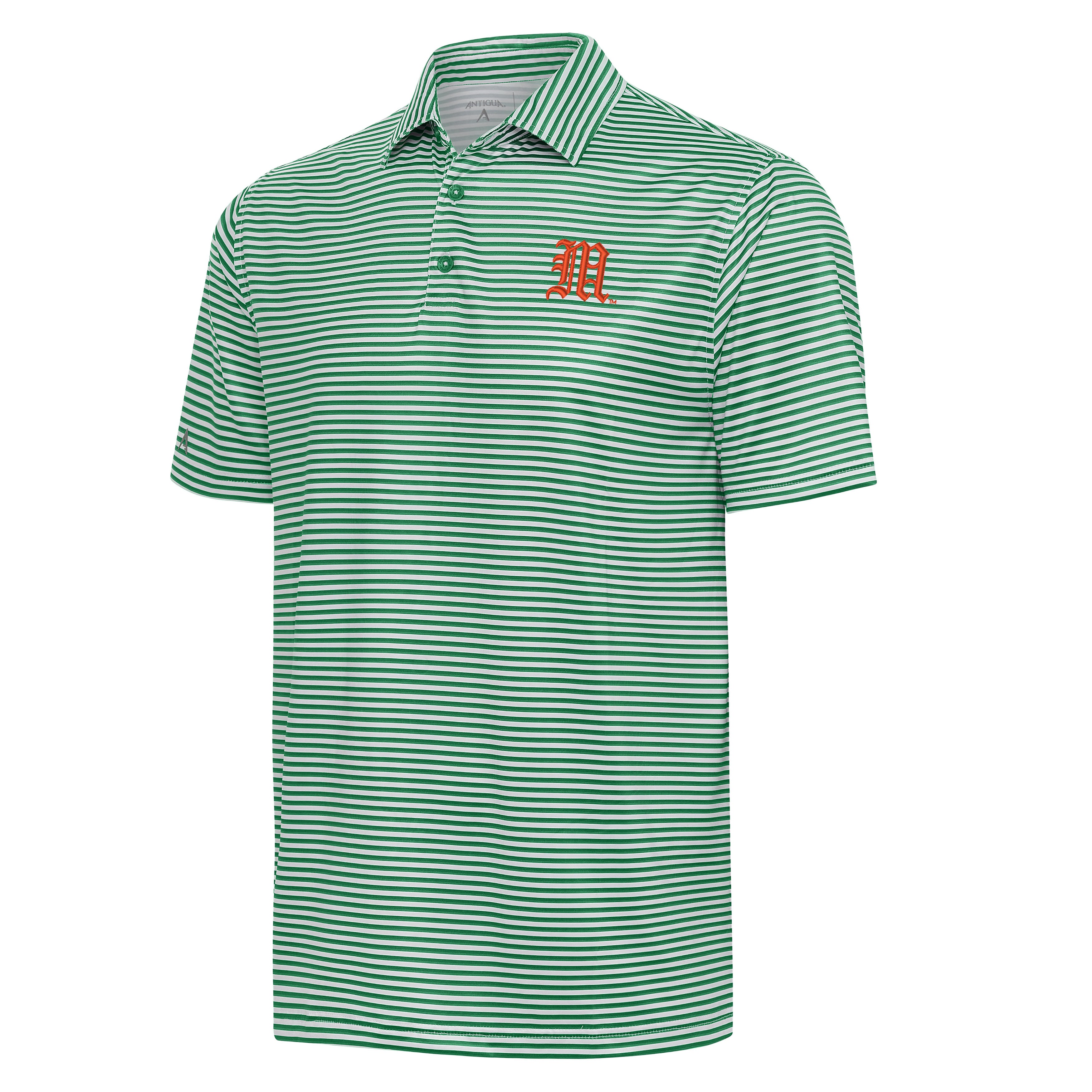 Miami Hurricanes Antigua Skills Old English M Striped Polo - Dark Pine
