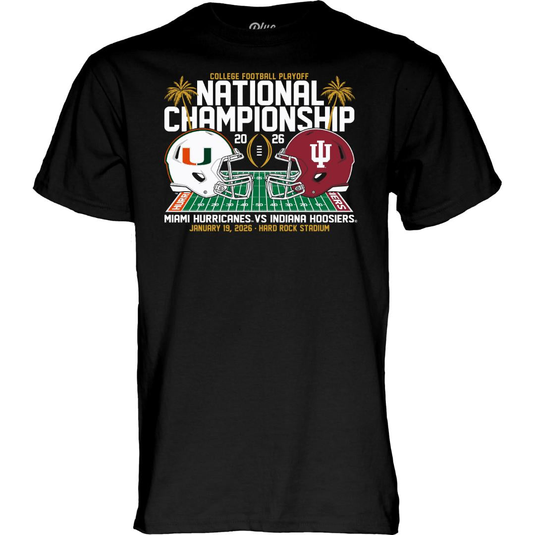 Pre-Order Miami Hurricanes vs Indiana Hoosiers 2026 National Championship Game Match Up T-Shirt - Black