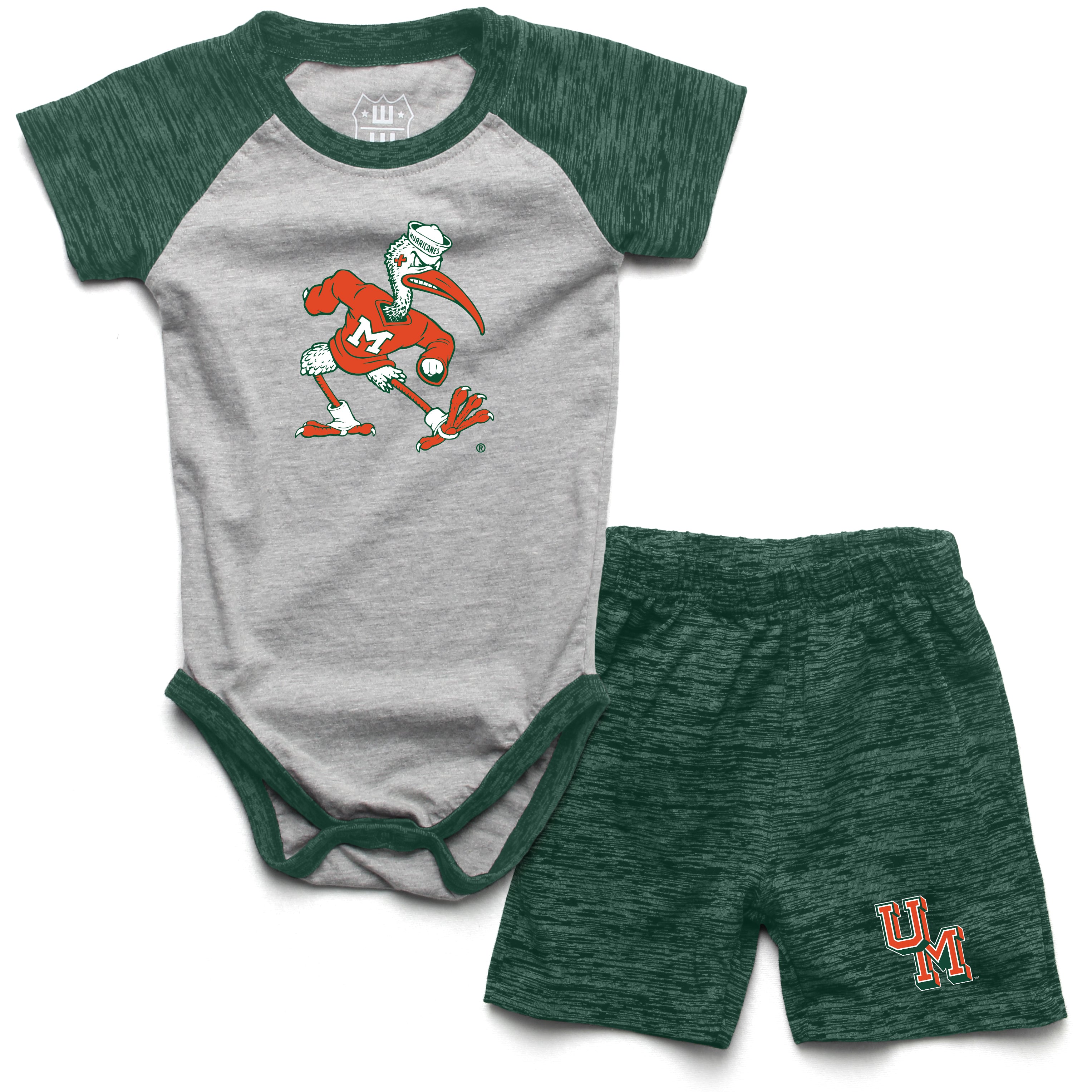 Miami Hurricanes Wes and Willy Sebastian Cloudy Hopper Infant Onesie Short Set - Evergreen