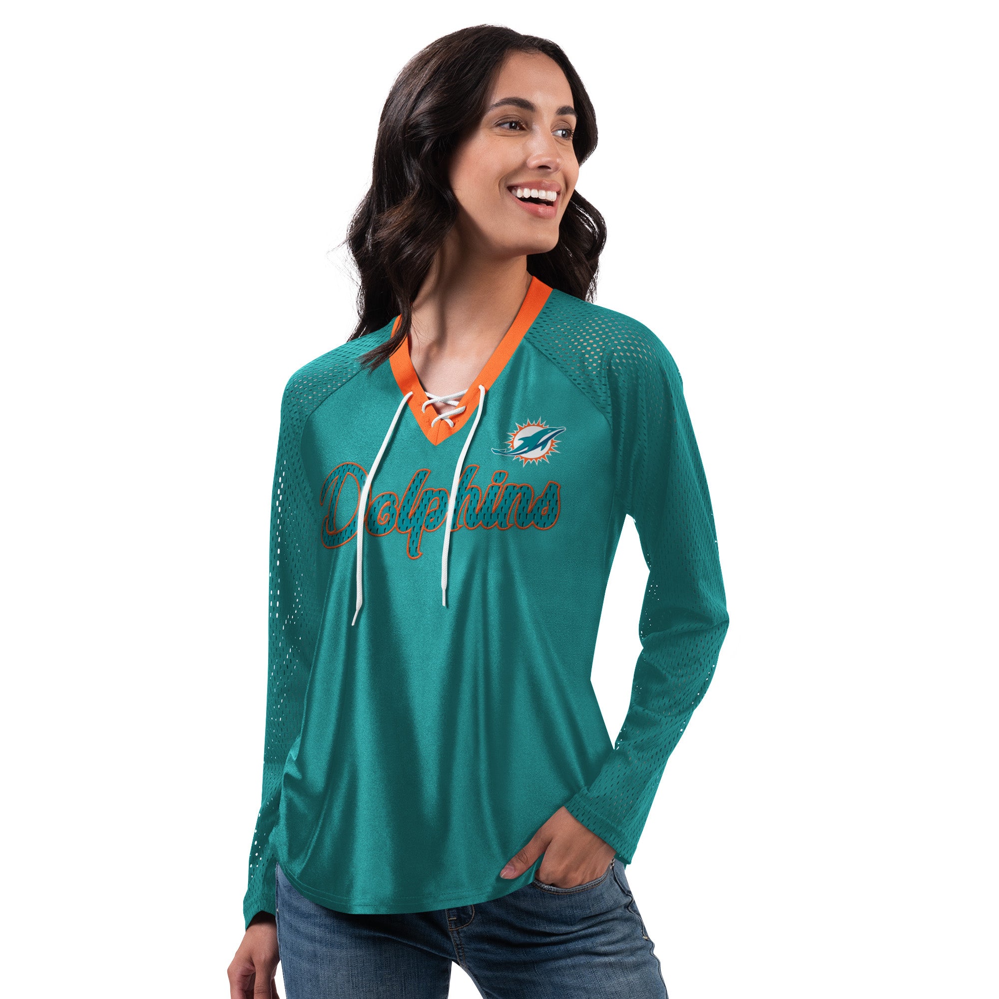 Miami Dolphins G-lll 4Her Women's Arquero L/S Mesh Jersey Shirt - Aqua