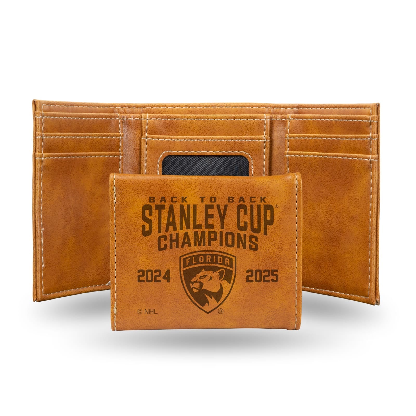 Florida Panthers 2025 Stanley Cup Champions Laser Engraved Trifold Wallet - Tan