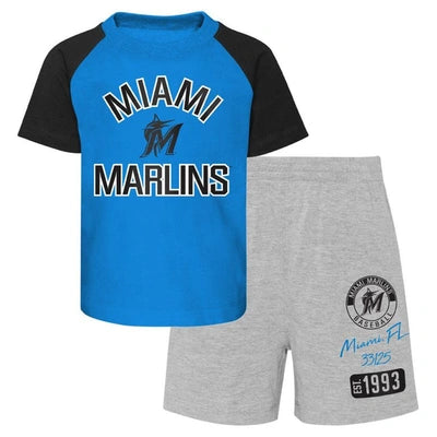 Miami Marlins Infant Ground Out Baller Raglan T-Shirt and Shorts Set - Blue/Heather Gray