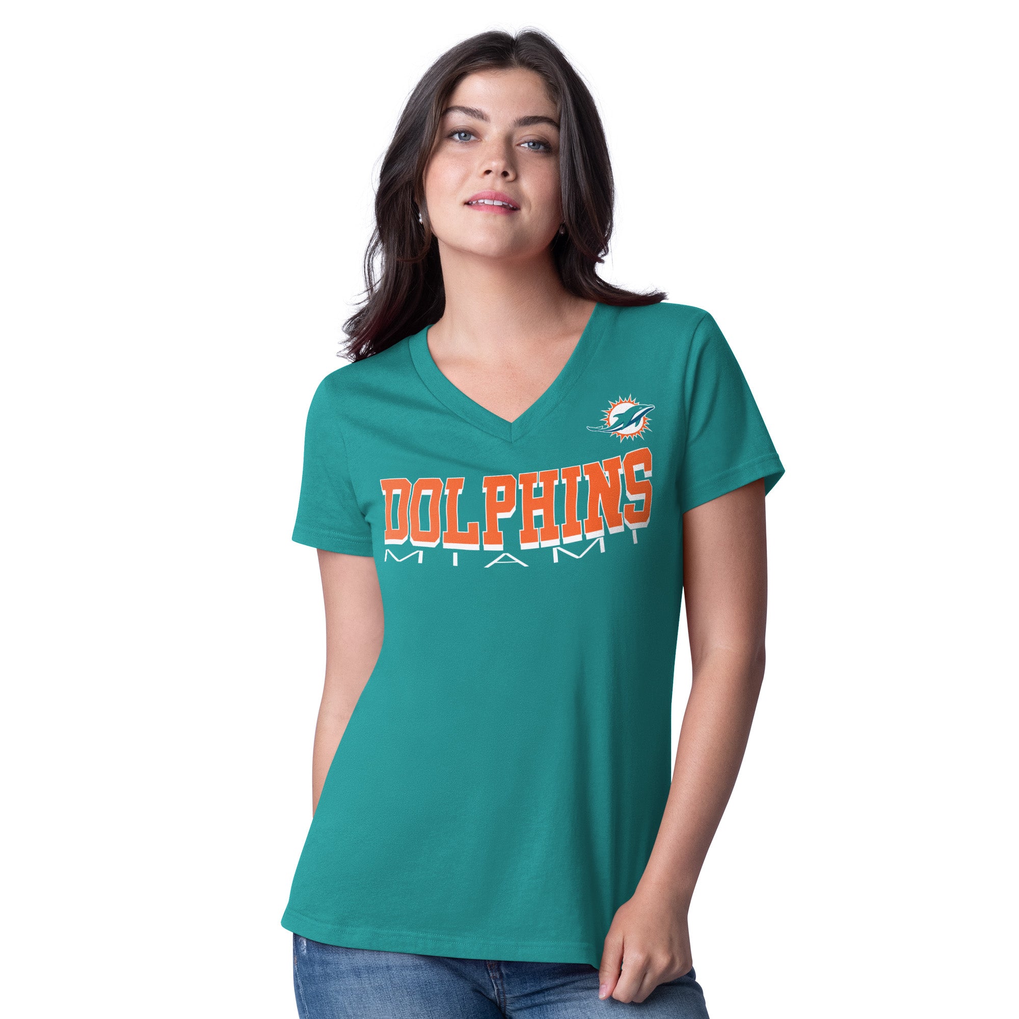 Miami Dolphins Women's Curved Block V-Neck T-Shirt - Aqua