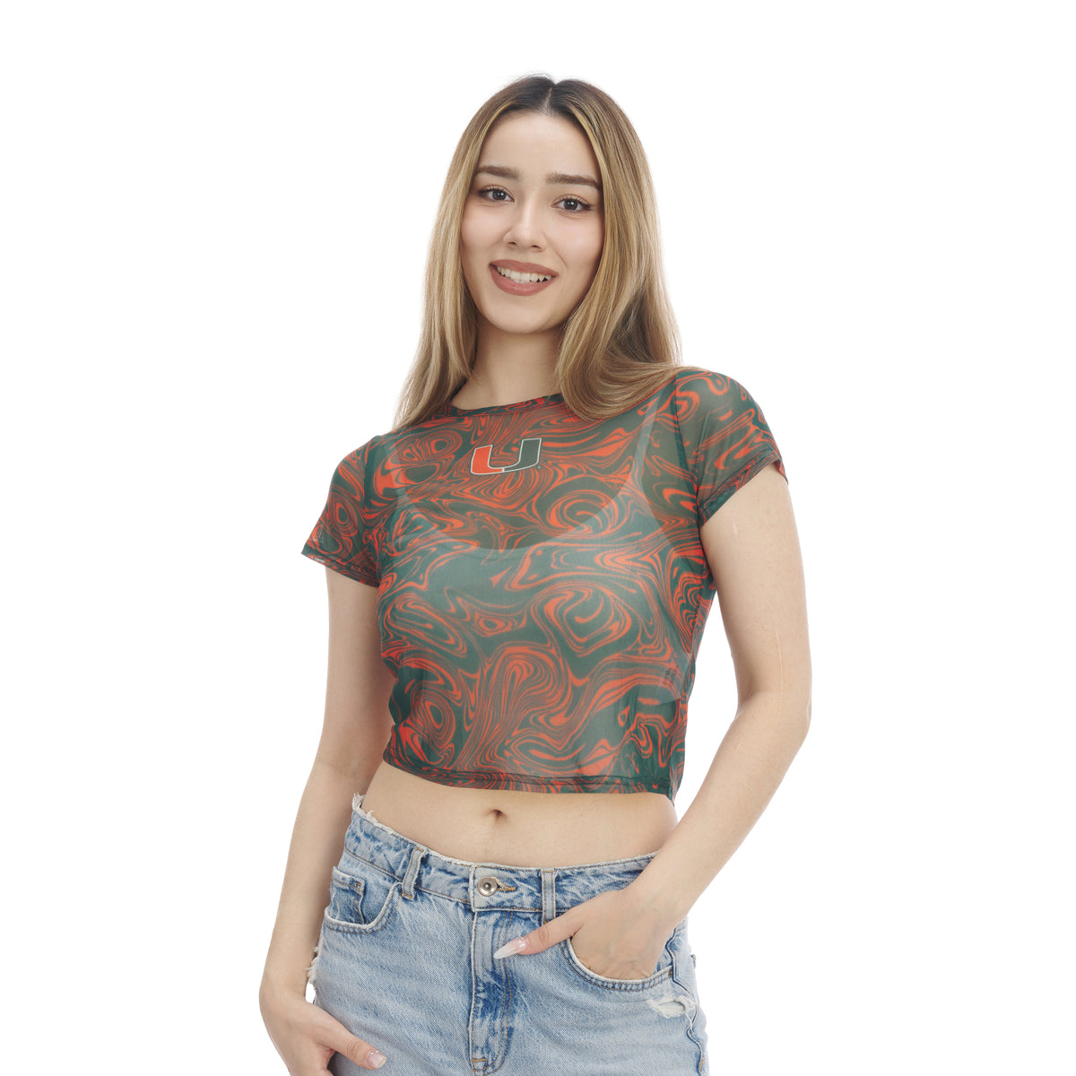 Miami Hurricanes ZooZatz Mesh Sheer Marbled Crop T-Shirt - Orange/Green