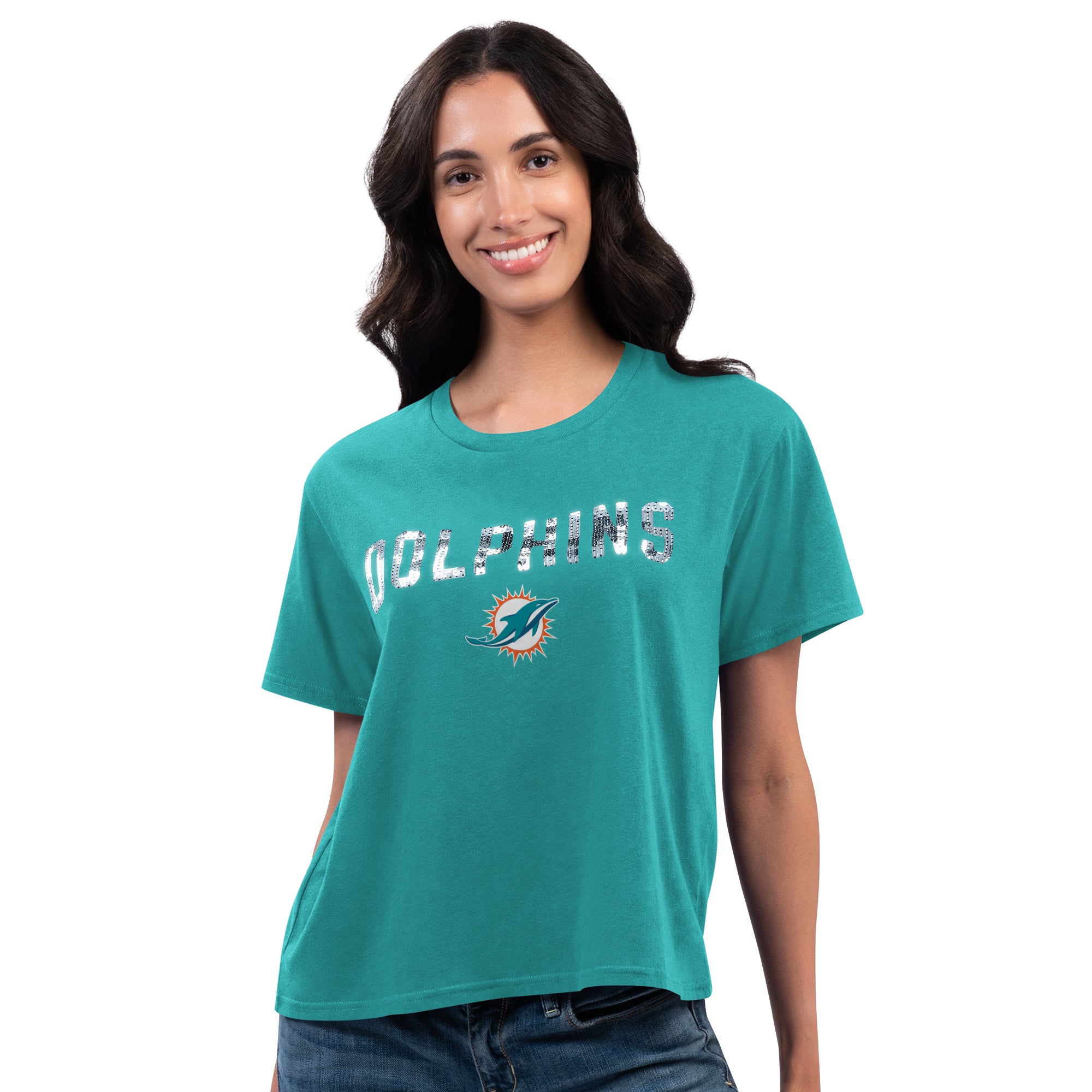 Miami Dolphins G- lll 4Her Women's Glitter T-Shirt - Aqua