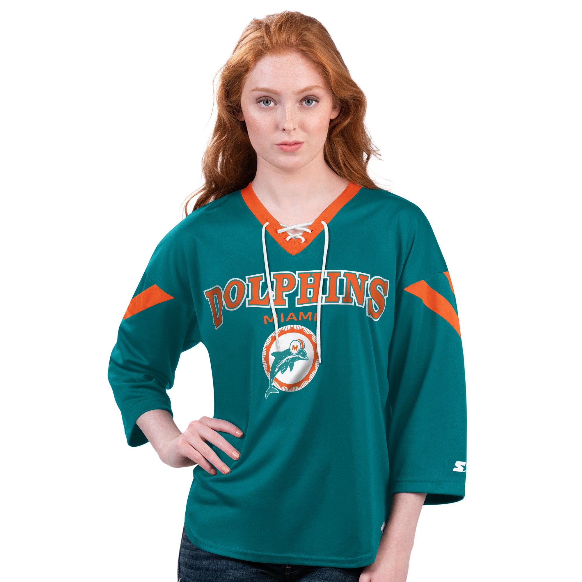 dolphins gear Miami Dolphins Starter Women's Rally Lace-Up 3/4 Sleeve Jersey Shirt