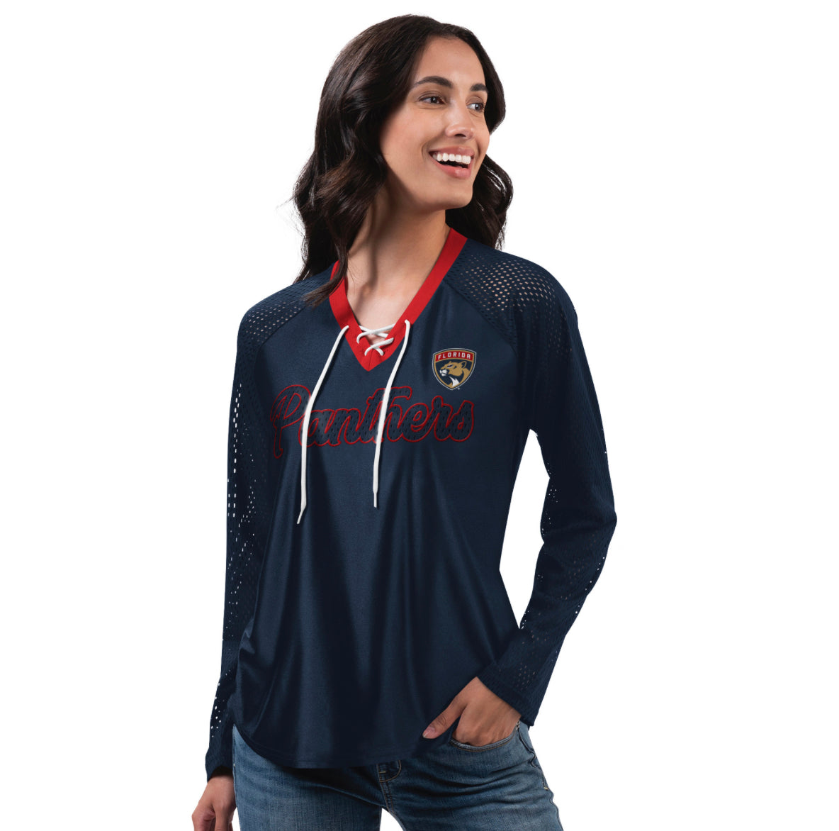 Florida Panthers G-lll 4Her Women's Arquero L/S Mesh Jersey Shirt  - Navy/Red