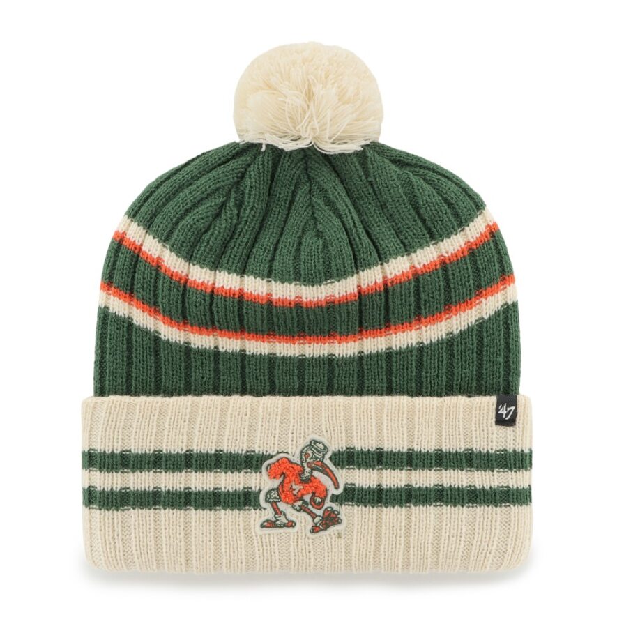 Miami Hurricanes 47 Brand Legacy Tailgate No Huddle Cuffed Sebastian Beanie - Green/Cream