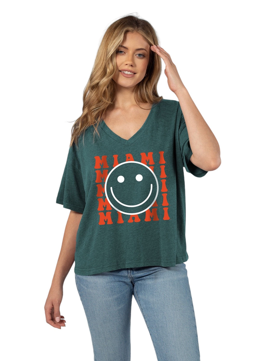 Miami Hurricanes Chicka-D V-Neck Smiley Crop T-Shirt - Green