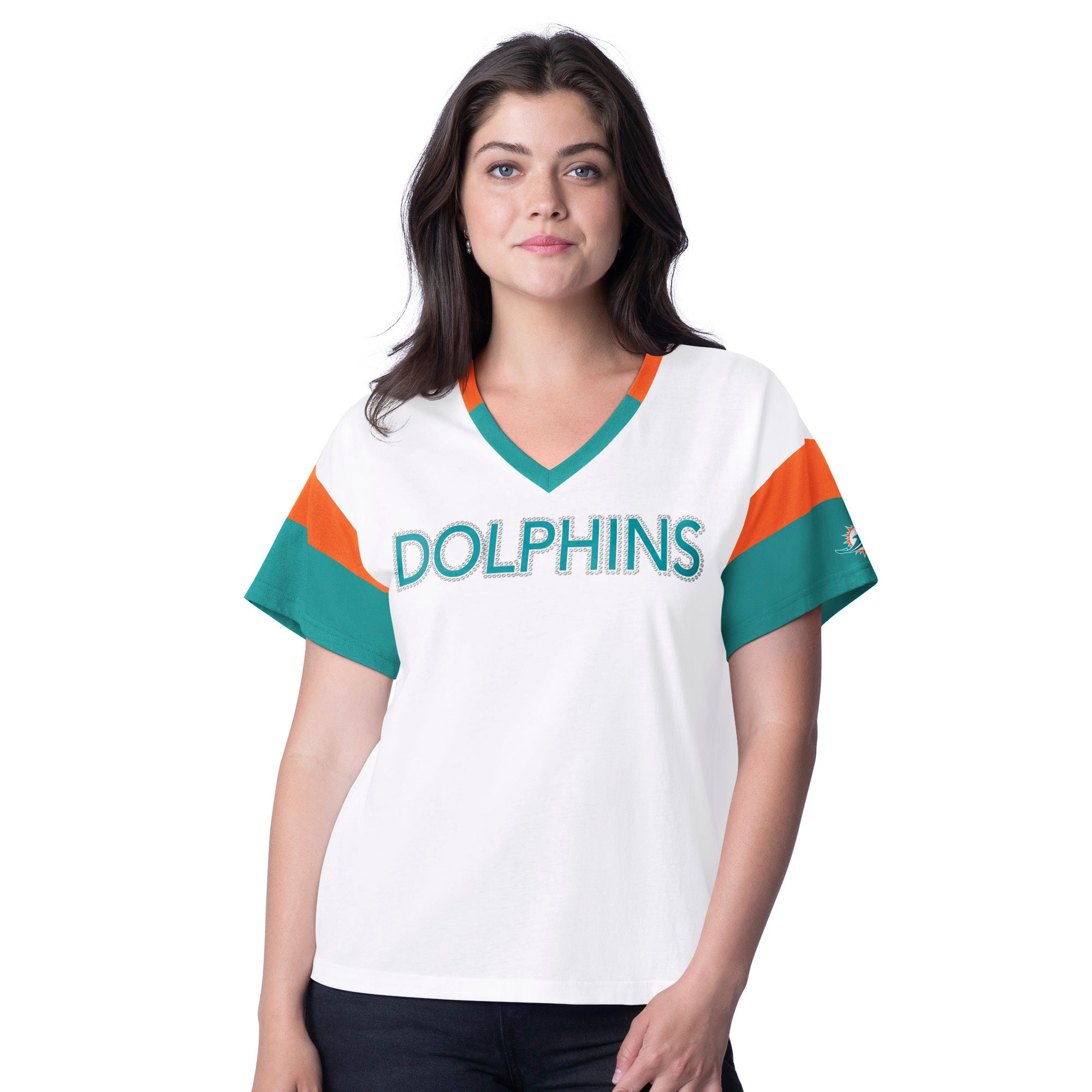 Miami Dolphins Glll Women's V-Neck T-Shirt - White / Aqua / Orange