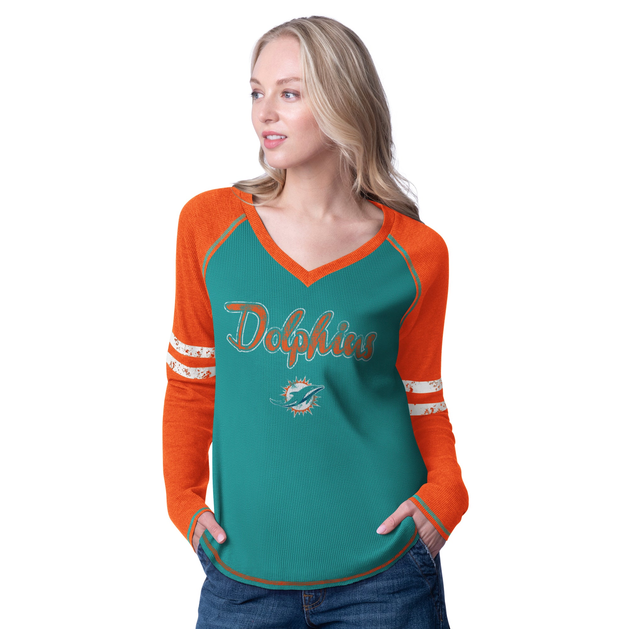 Miami Dolphins Glll Women's L/S V-Neck T-Shirt - Aqua / Orange
