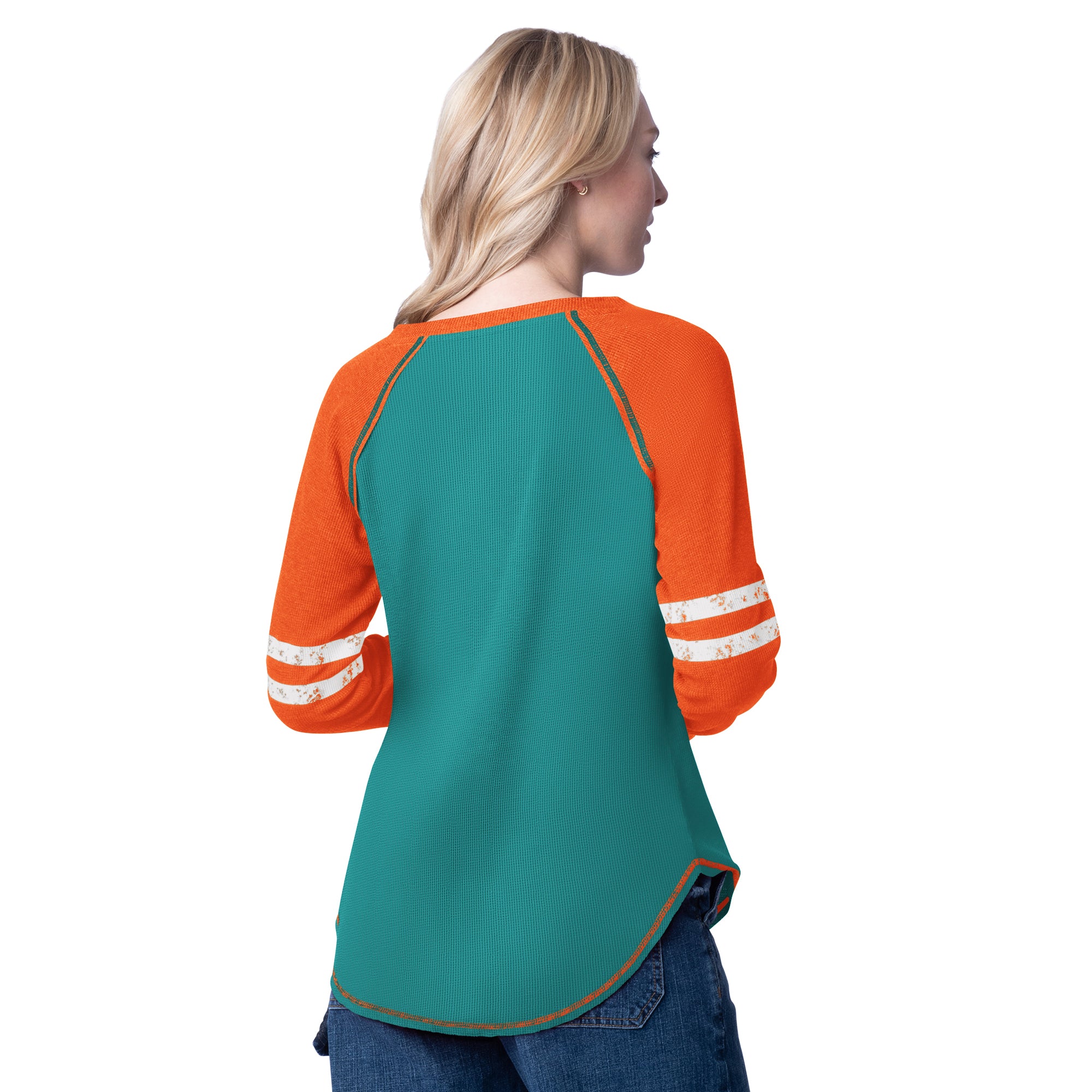 Miami Dolphins Glll Women's L/S V-Neck T-Shirt - Aqua / Orange