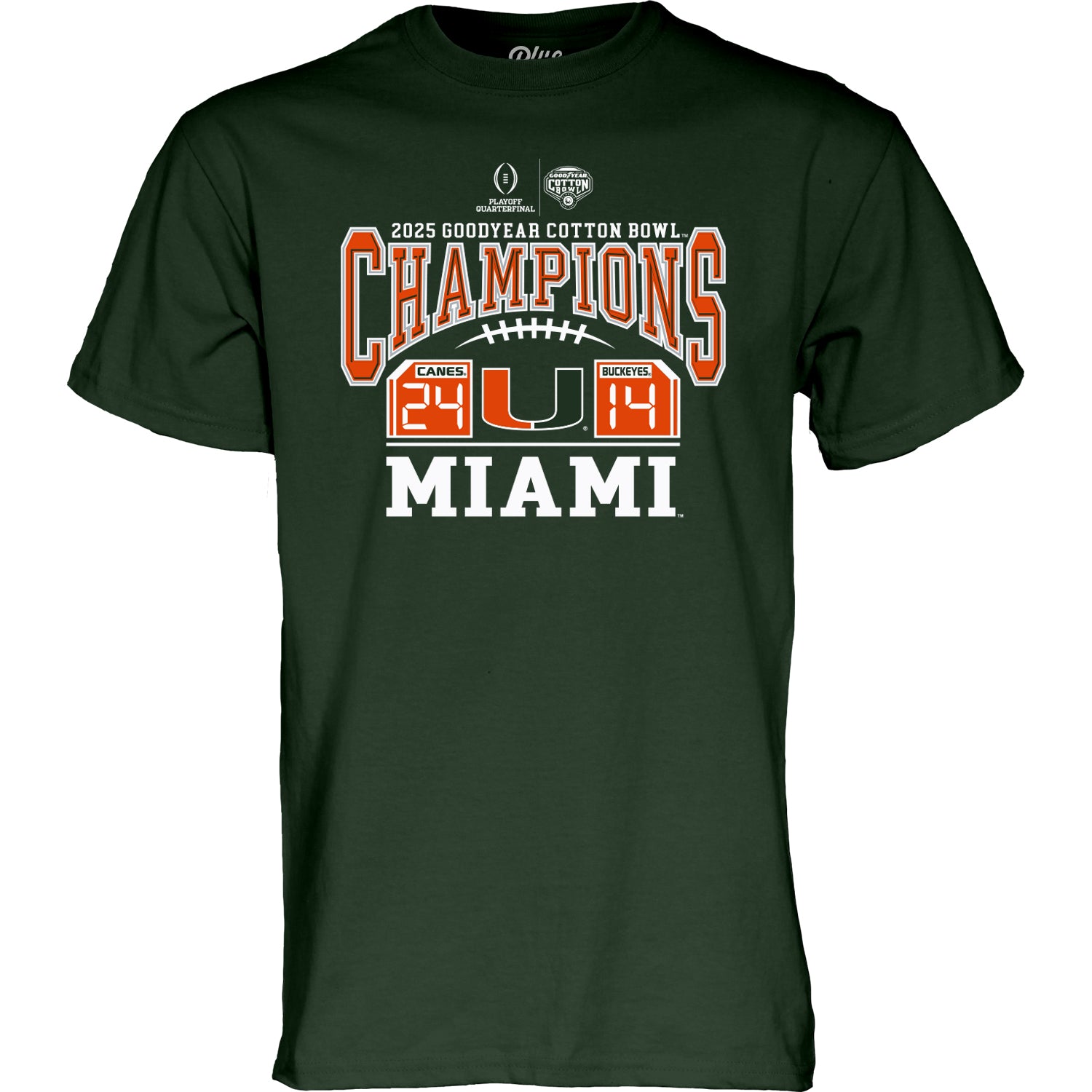 Miami Hurricanes SCORE SHIRT! 2025 Men's Cotton Bowl Champions Game T-Shirt with 24-14 Final Score - GREEN