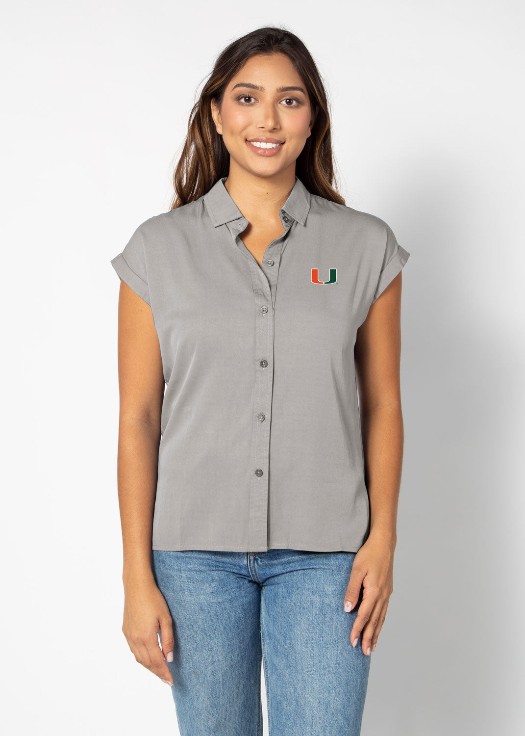 Miami Hurricanes Women's Embroidered U Short Sleeve Button-Up Shirt - Grey