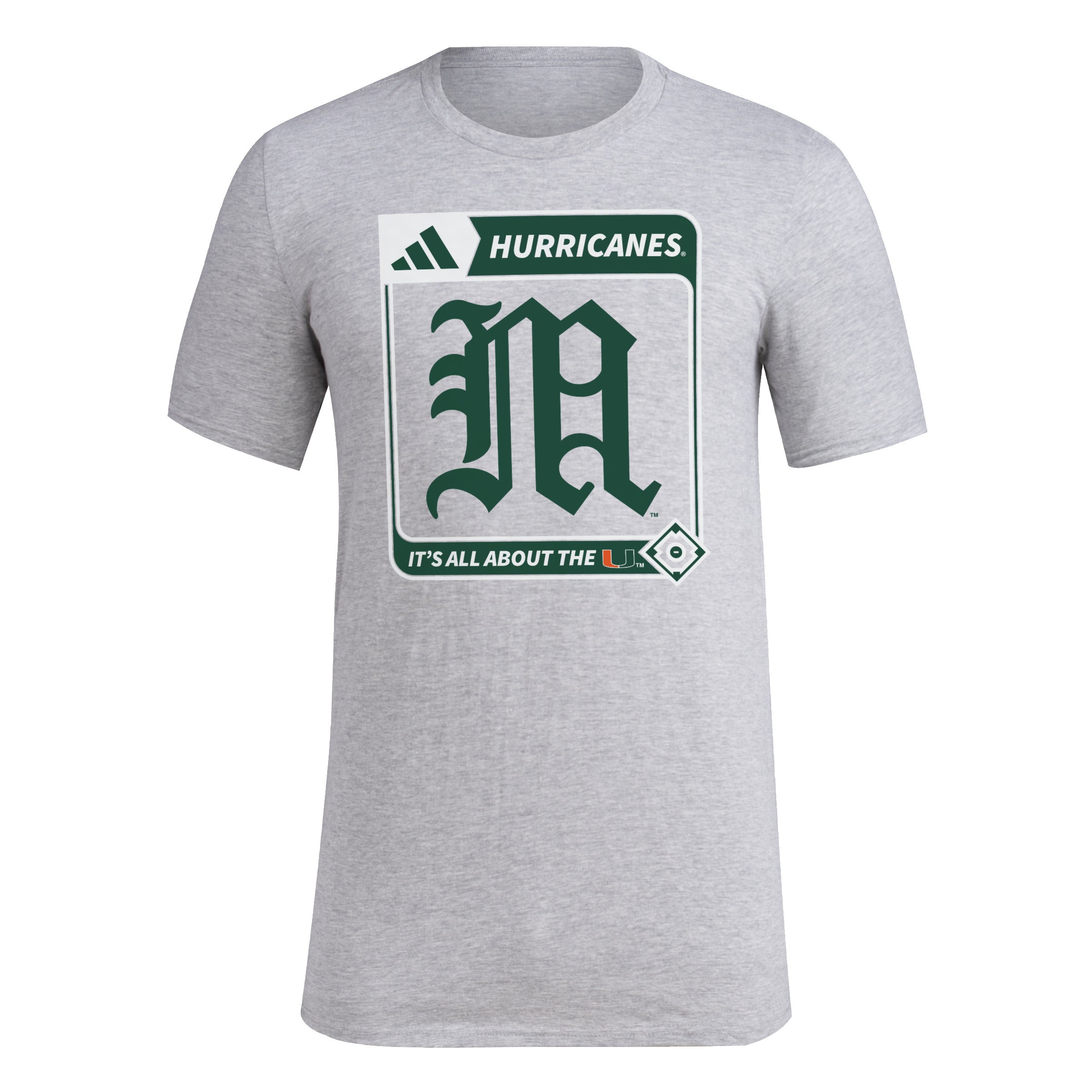 Miami Hurricanes adidas Baseball Old English M with Slogan T-Shirt - Grey
