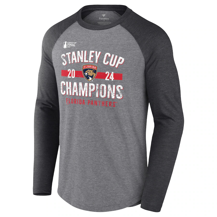 Florida Panthers 2024 Stanley Cup Champions Throwback LS Tri-Blend Raglan T-Shirt - Heather Grey