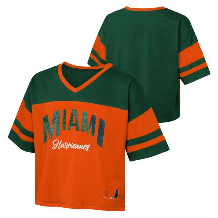 Miami Hurricanes Girls Playmaker Long Crop Jersey Tee - Orange & Green