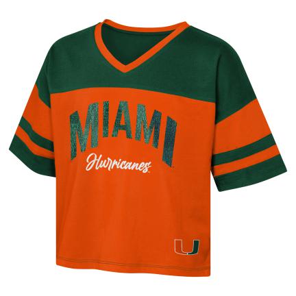 Miami Hurricanes Girls Playmaker Long Crop Jersey Tee - Orange & Green
