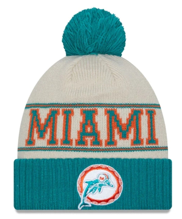 Miami Dolphins New Era Throwback Cuffed Pom Pom Beanie - Cream/Aqua