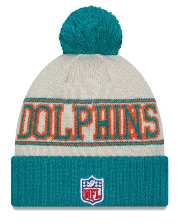 Miami Dolphins New Era Throwback Cuffed Pom Pom Beanie - Cream/Aqua