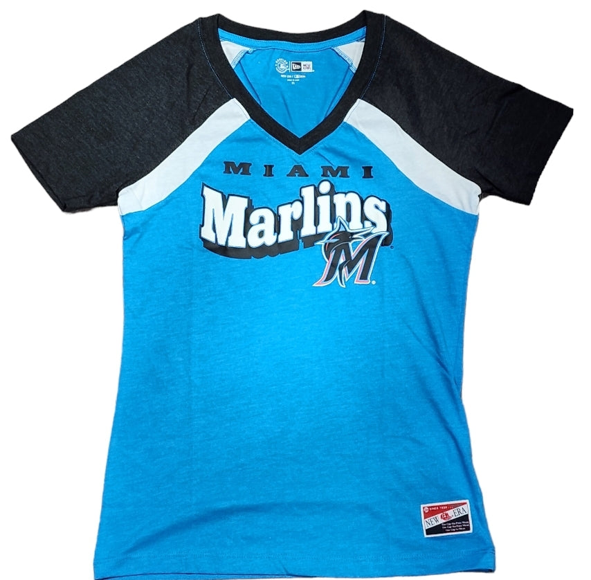 Miami Marlins New Era Women's Bubble Script V-neck T-Shirt - Blue