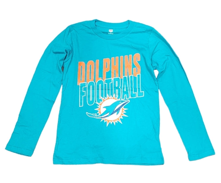 Miami Dolphins Football Wordmark Logo Youth Long Sleeve T-Shirt - Aqua