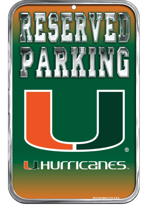 Miami Hurricanes Reserved Parking Plastic Sign - 11"x17"