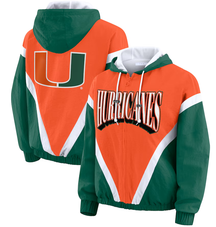 Miami Hurricanes WEAR by Erin Andrews Women's Colorblock Full-Zip Hoodie Windbreaker Jacket - Orange/Green