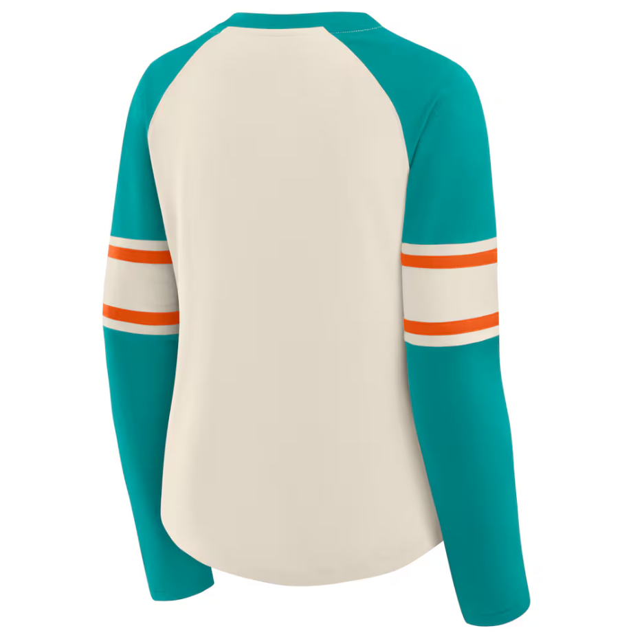 Miami Dolphins Fanatics Women's Hometown Gridiron Hero Raglan Lace-Up V-Neck Long Sleeve T-Shirt - Cream/Aqua