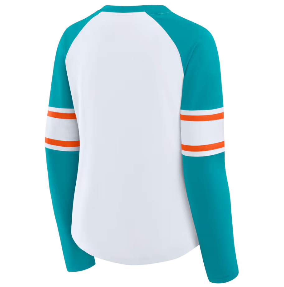 Miami Dolphins Fanatics Women's Redzone Blitz Package Raglan Lace-Up V-Neck Long Sleeve T-Shirt - White/Aqua