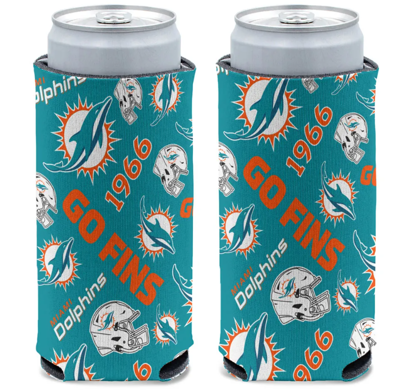 Miami Dolphins Scattered Logos 2-Sided Slim Can Cooler - Aqua