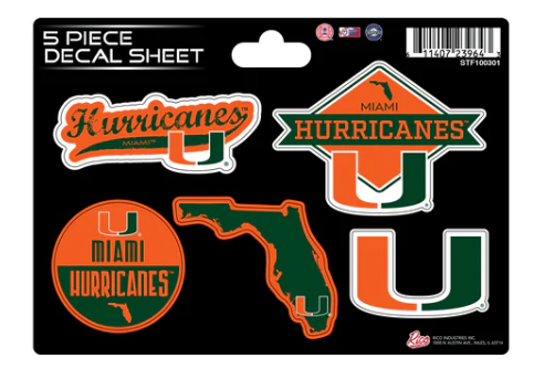 Miami Hurricanes 5 Piece Decal Sheet
