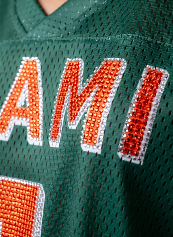 Miami Hurricanes Established & Co. Women's Rhinestone Boyfriend Football Jersey - Green