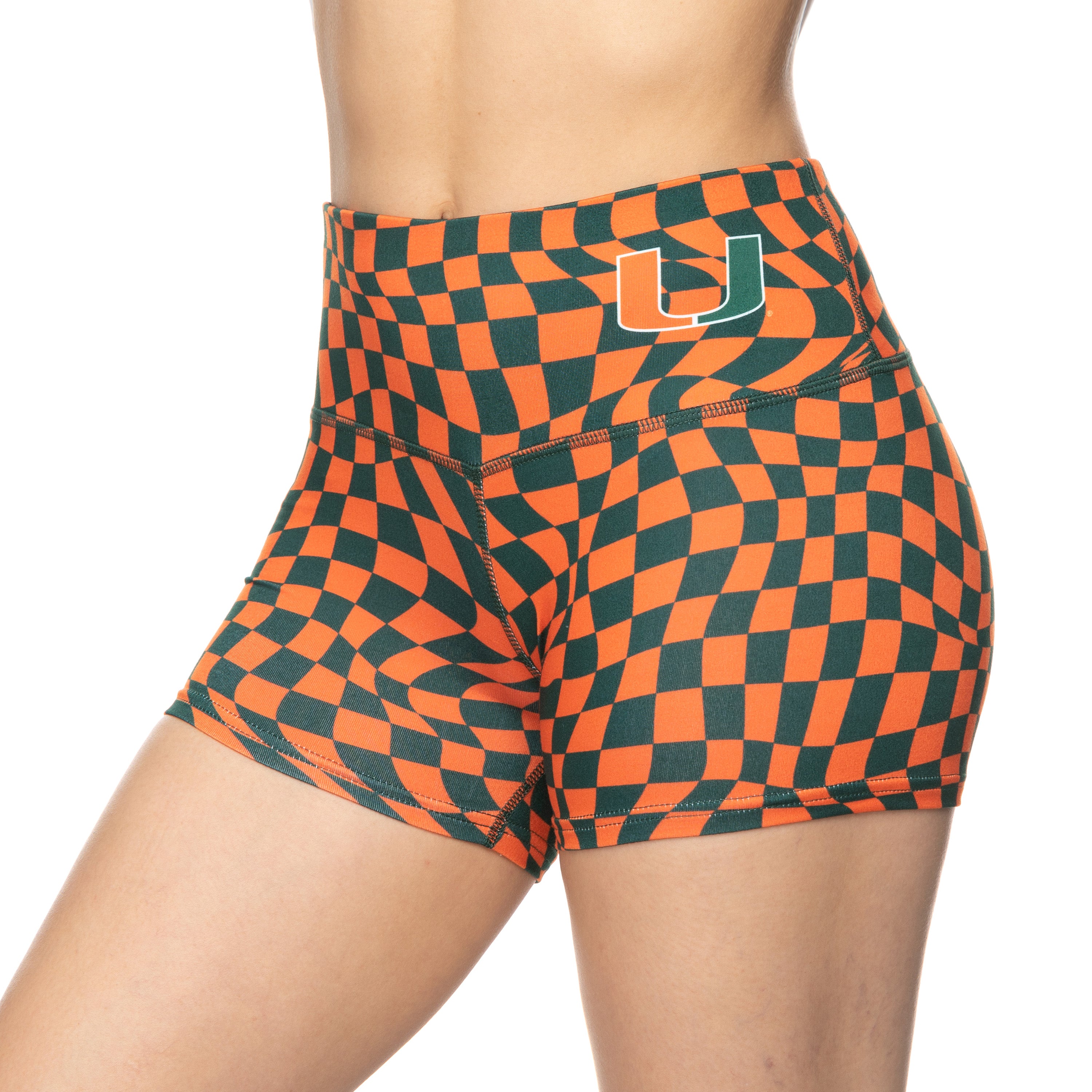 Miami Hurricanes ZooZatz Wavy Checkerboard Booty Shorts - Orange/Green