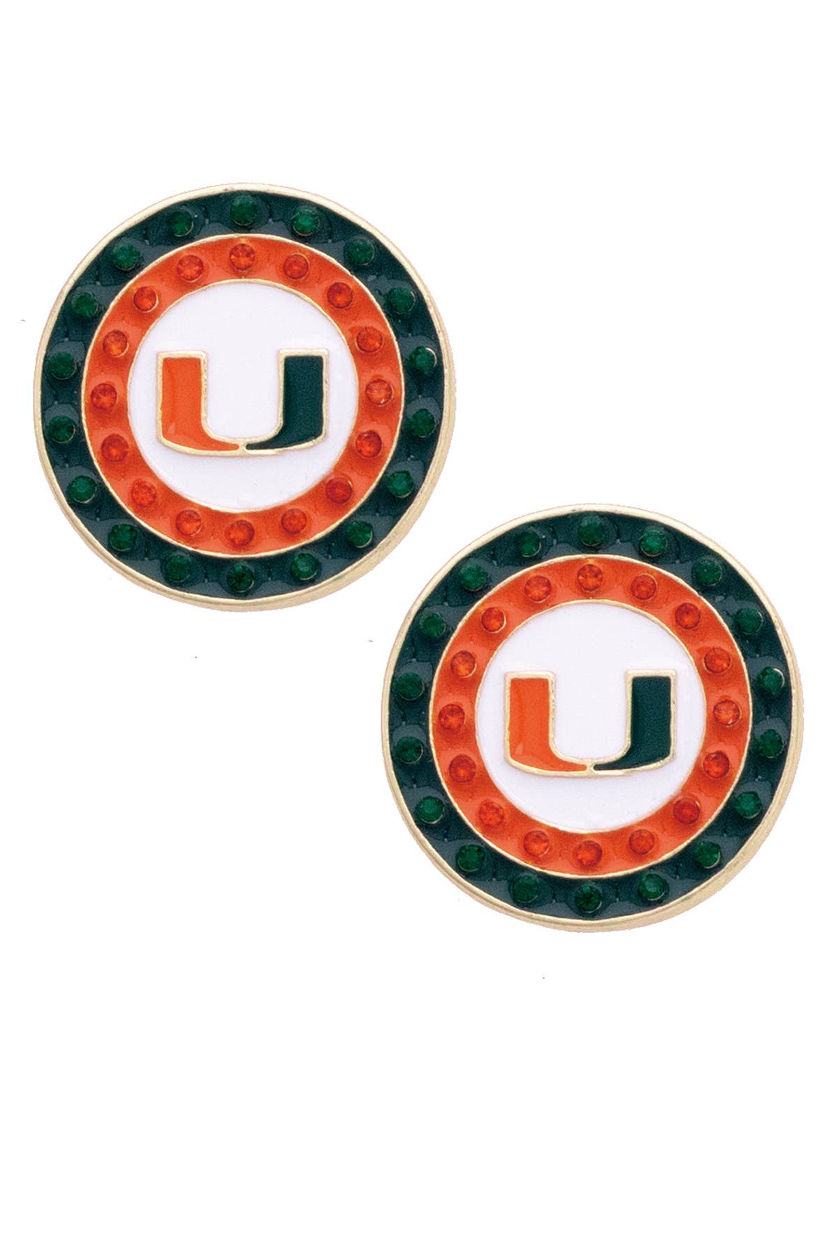 Miami Hurricanes Pave Disc Stud Earrings in Green/White/Oran