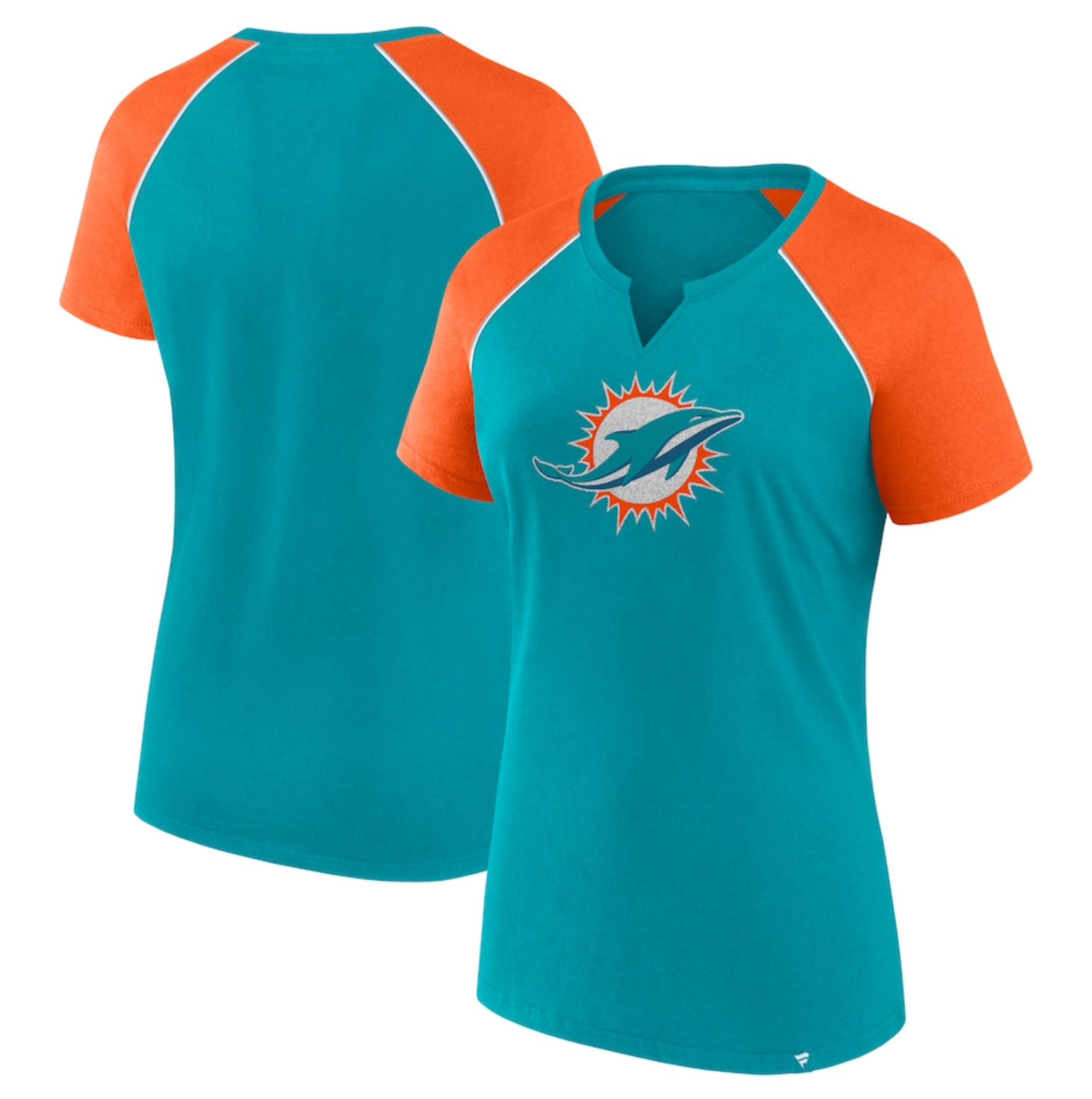 Miami Dolphins Fanatics Women's Glittered Ice Raglan T-Shirt - Aqua/Orange
