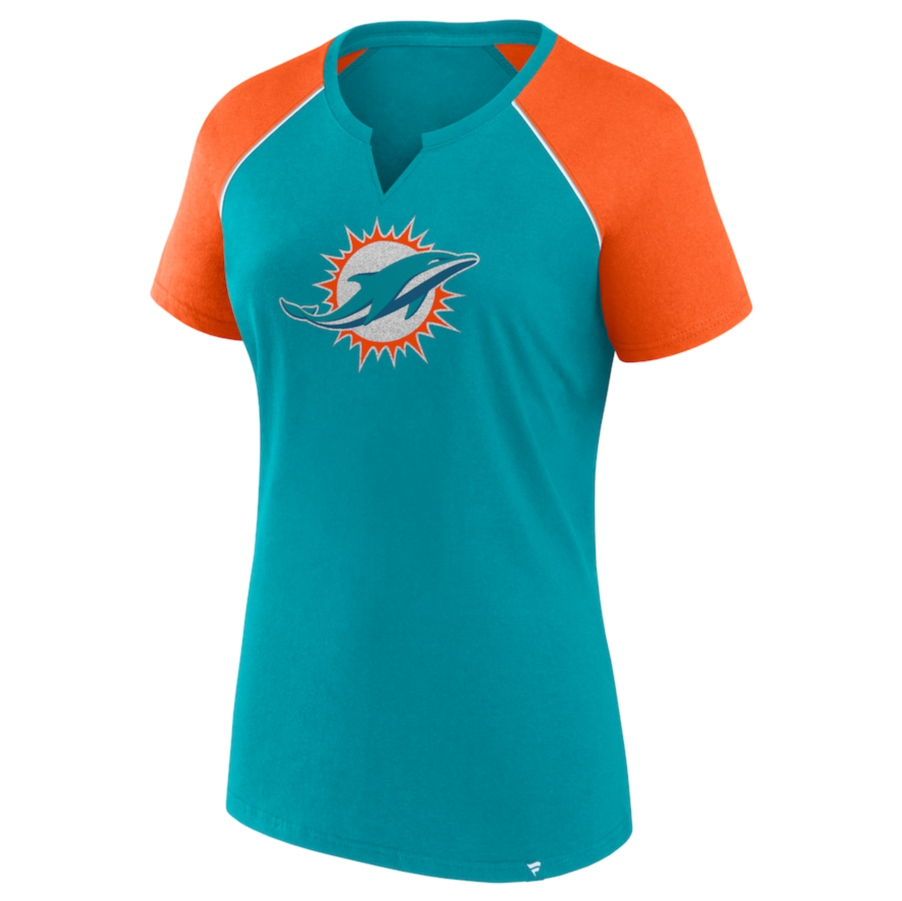Miami Dolphins Fanatics Women's Glittered Ice Raglan T-Shirt - Aqua/Orange