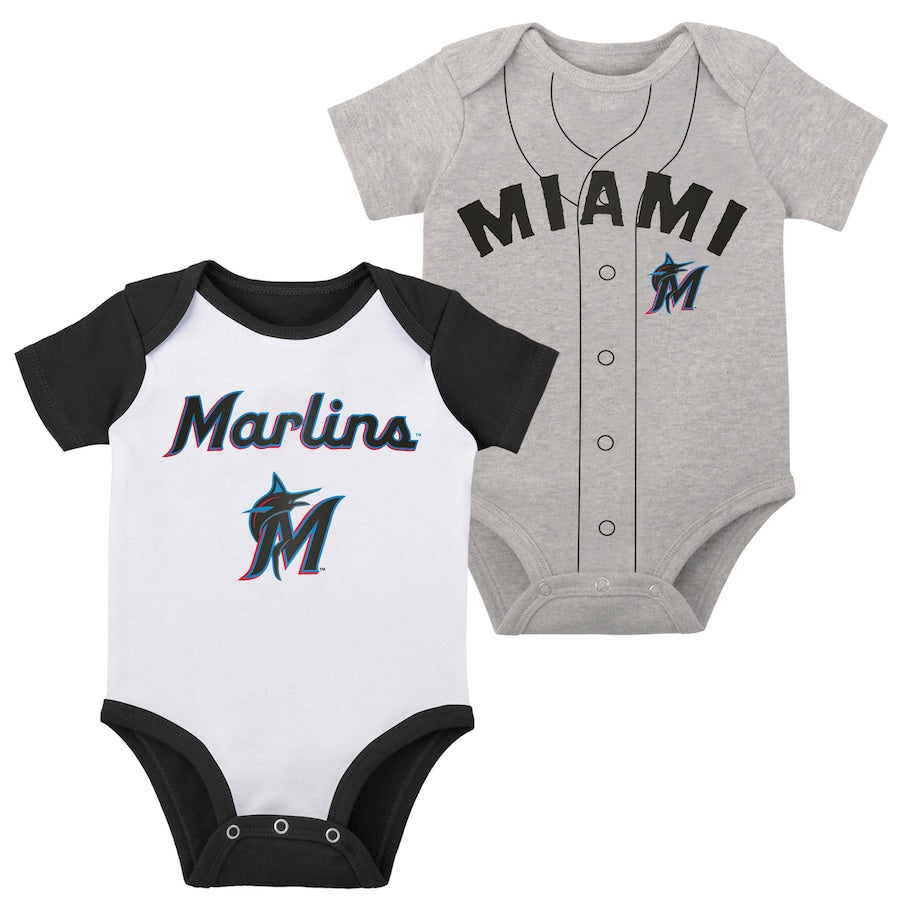 Miami Marlins Newborn & Infant Little Slugger Two-Pack Bodysuit Set - White/Heather Gray
