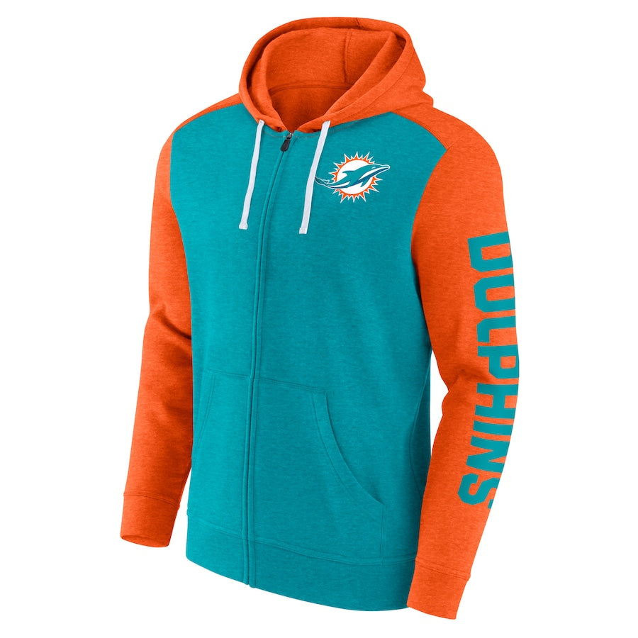 Miami Dolphins Fanatics Down and Distance Full Zip Hoodie - Aqua/Orange