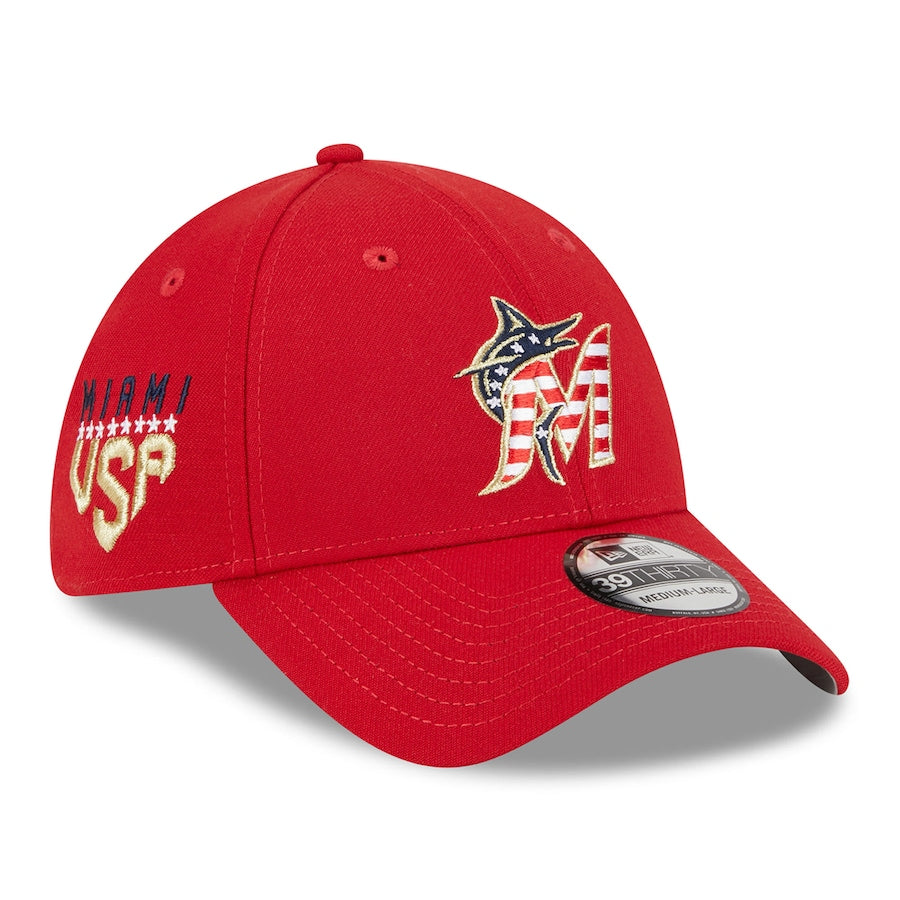Miami Marlins New Era 2024 July 4th 39Thirty Flex Hat - Red