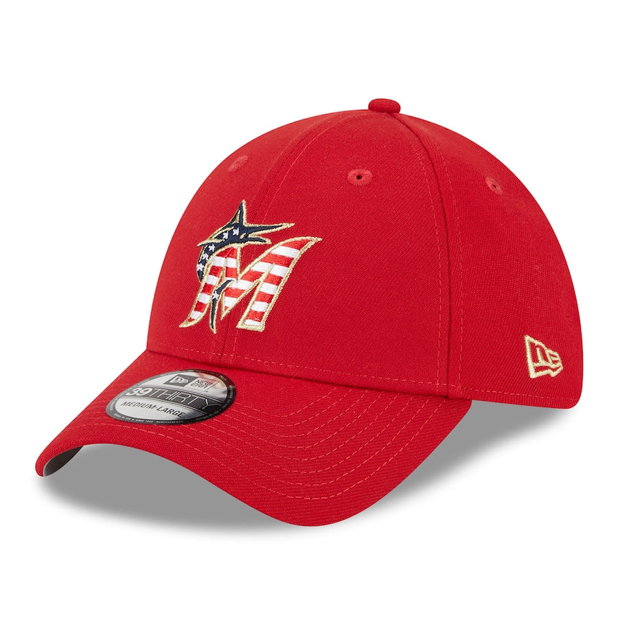 Miami Marlins New Era 2024 July 4th 39Thirty Flex Hat - Red