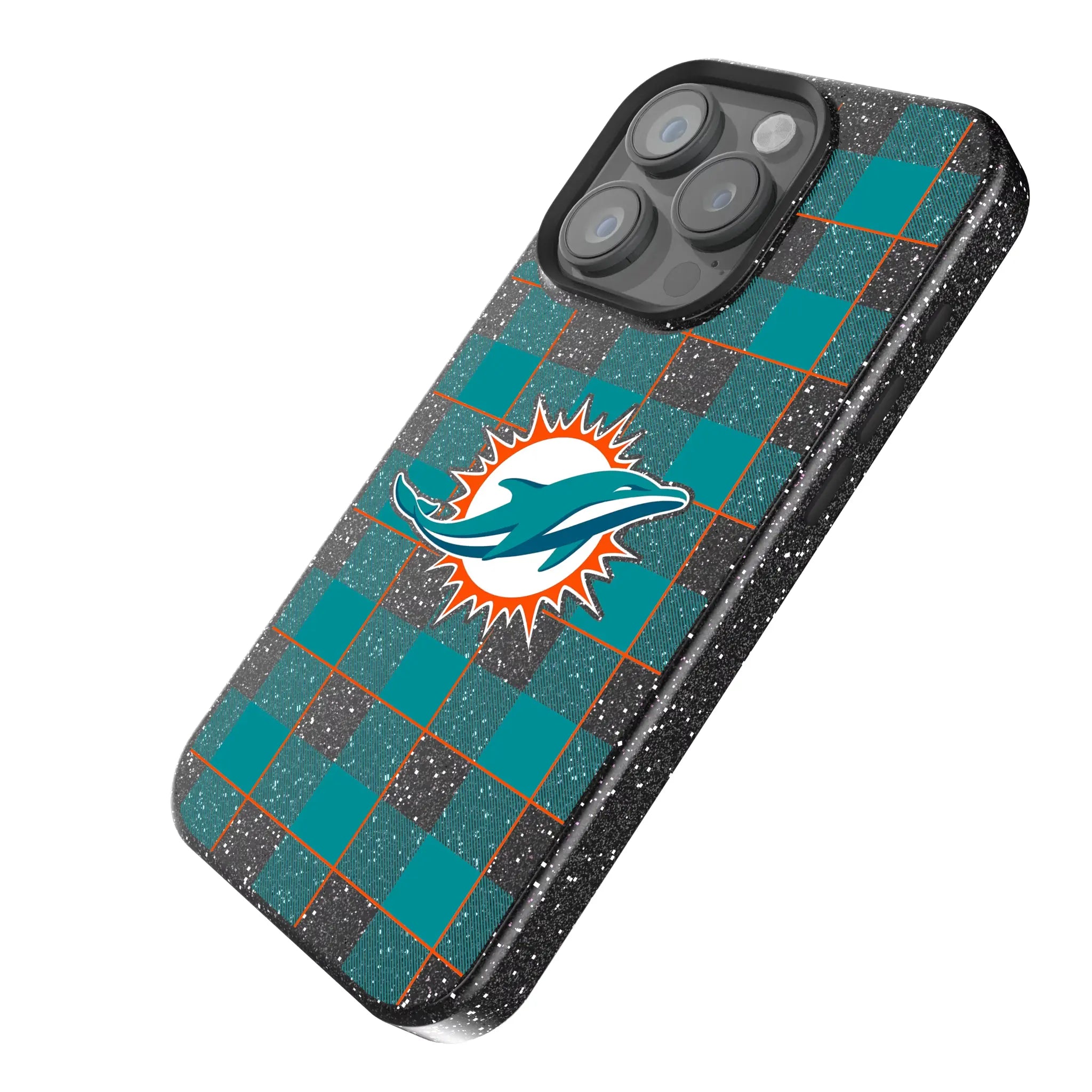 Miami Dolphins Plaid Black Bling Phone Case for Apple iPhone