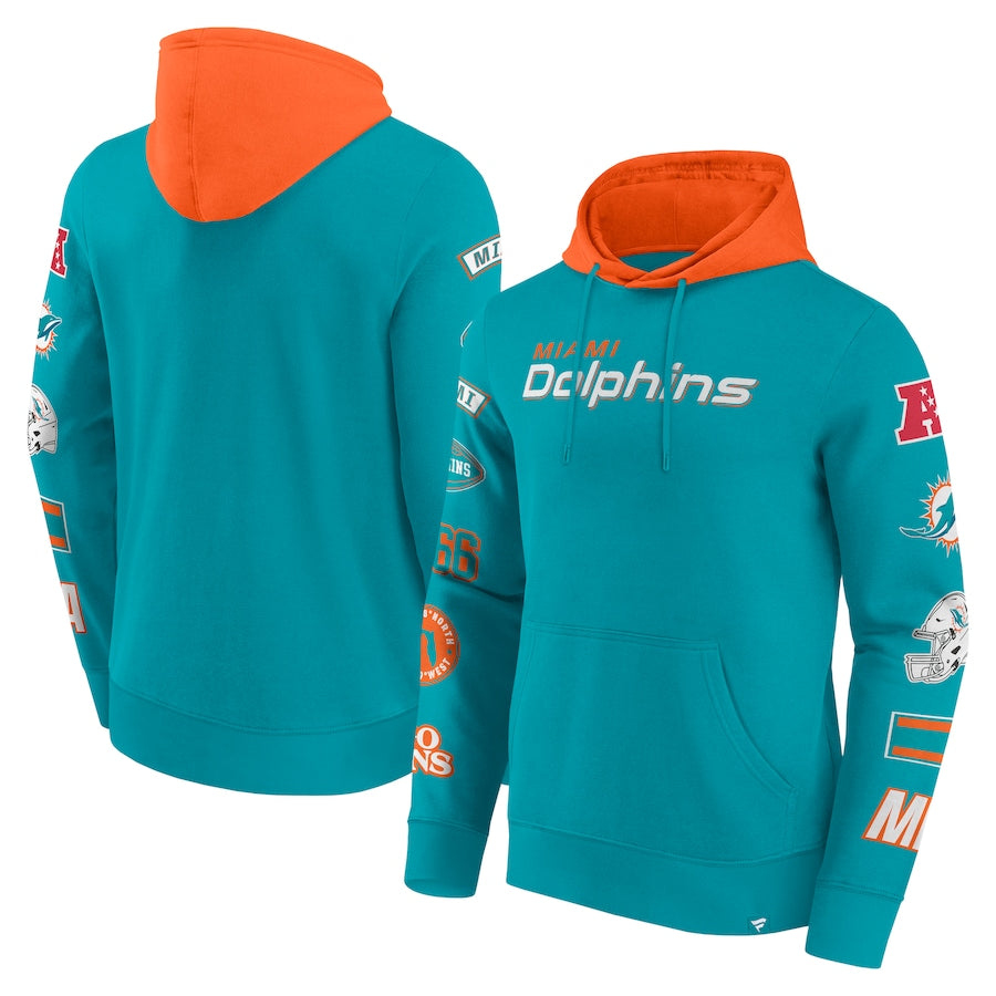 Miami Dolphins Patched Out Sleeves Pullover Hoodie - Aqua/Orange