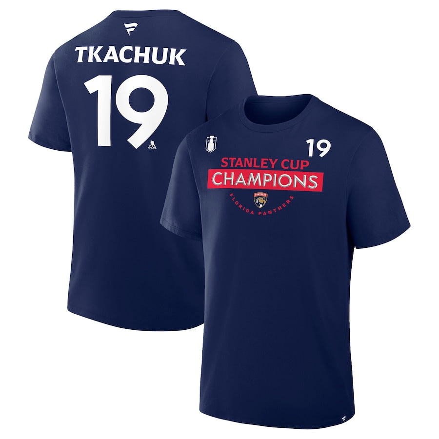 Matthew Tkachuk Florida Panthers Fanatics 2025 Stanley Cup Champions Authentic Pro Name & Number T-Shirt - Navy