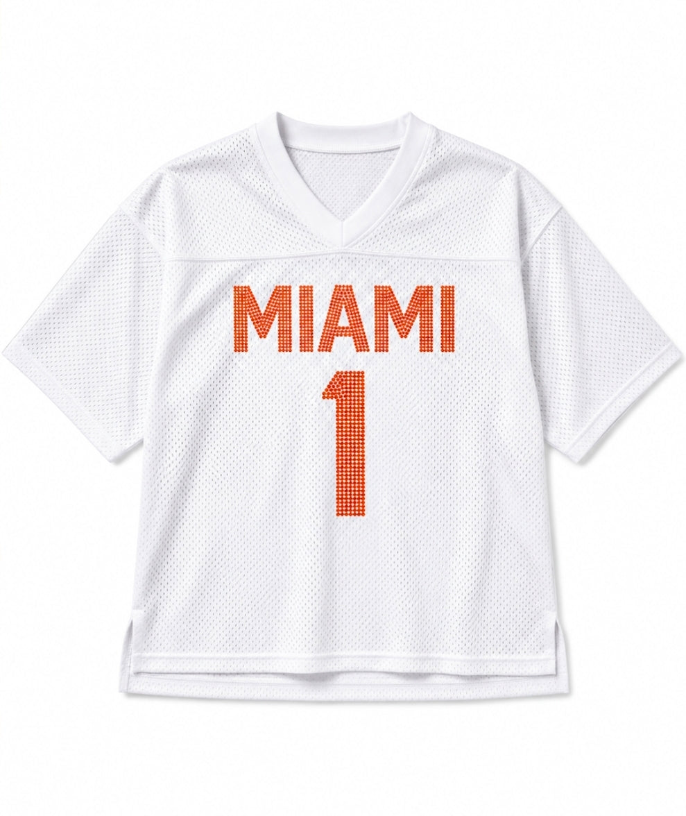 Miami Hurricanes Established & Co. Women's Rhinestone Boyfriend Football Jersey - White