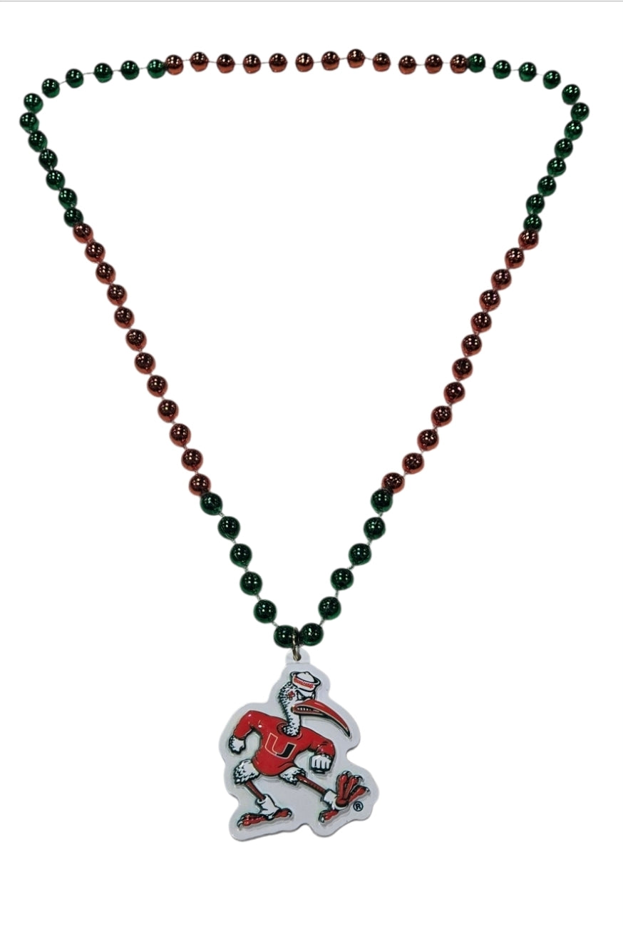 Miami Hurricanes Mardi Gras Beads with Sebastian Medallion Necklace